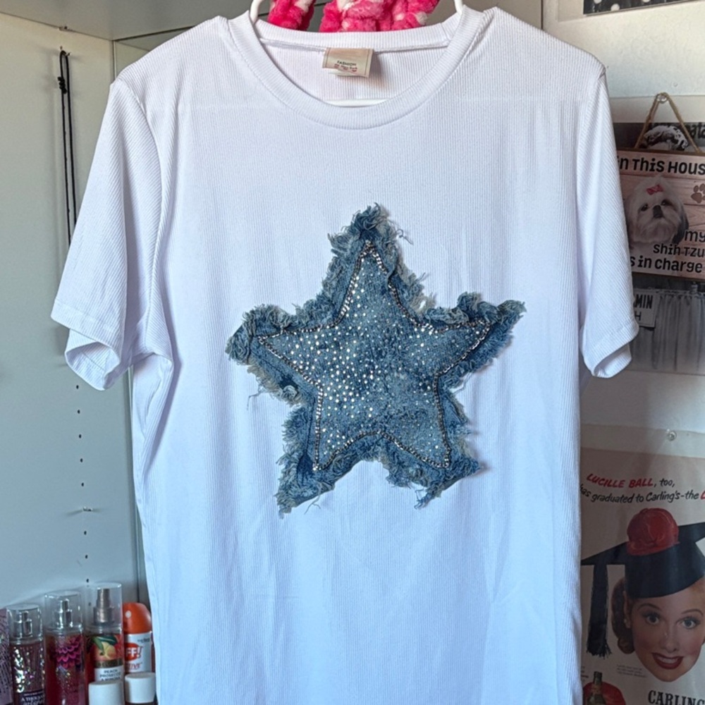 White T-Shirt with Denim Star Design